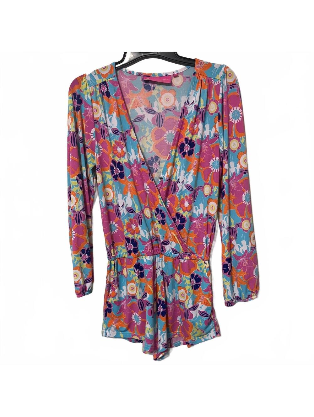 Macbeth Collection Indie Colorful Artsy Floral Long Sleeve Retro Romper Small